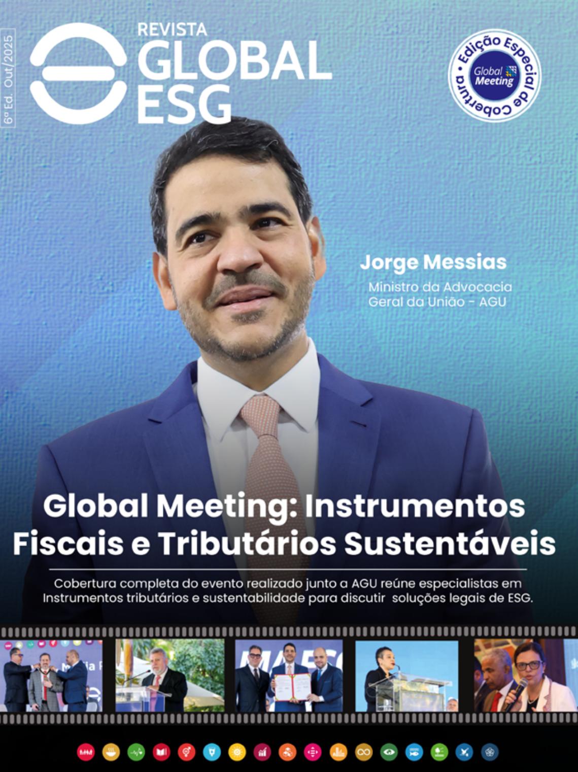 Capa da 6ª edição da Revista Global ESG, com Jorge Messias e o tema Instrumentos Fiscais e Tributários Sustentáveis